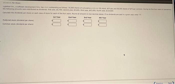 Solved Dividends Per Share Lightfoot Inc A Software Chegg