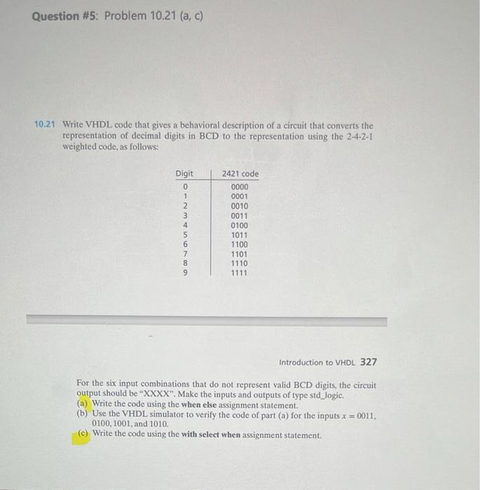 Solved Question 5 Problem 10 21 A C 10 21 Write VHDL Chegg