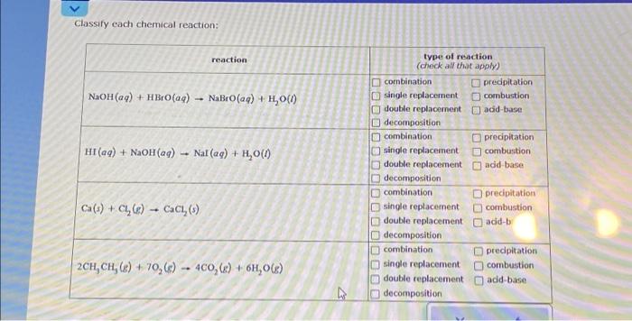 Solved Classify Each Chemical Reaction Naoh Aq Hbro Aq Chegg