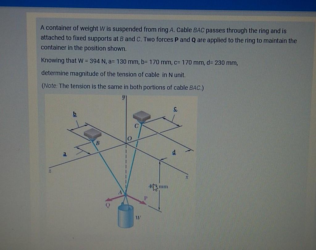 Solved A Container Of Weight W Is Suspended From Ring A Chegg