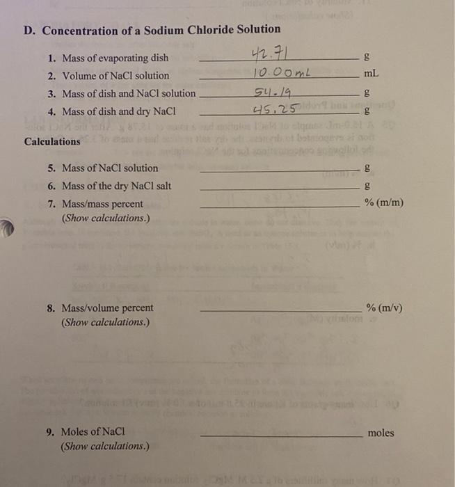 Solved G D Concentration Of A Sodium Chloride Solution 1 Chegg