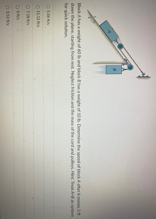 Solved A 에 B Block A has a weight of 60 lb and block B has a Chegg