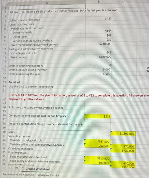 Solved Comparing Variable And Absorption Costing Addison Chegg