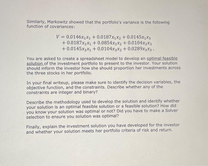 Stock Selection Case Study Markowitz Won The Nobel Chegg