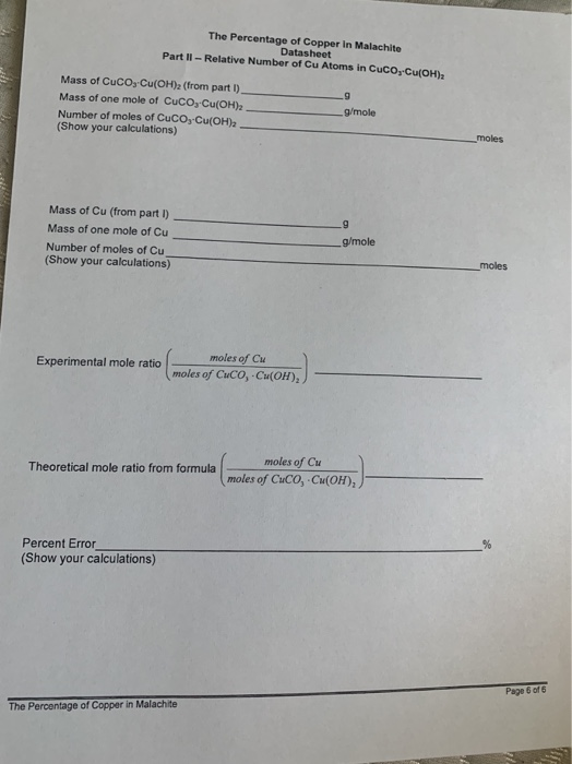The Percentage Of Copper In Malachite Datasheet Part Chegg