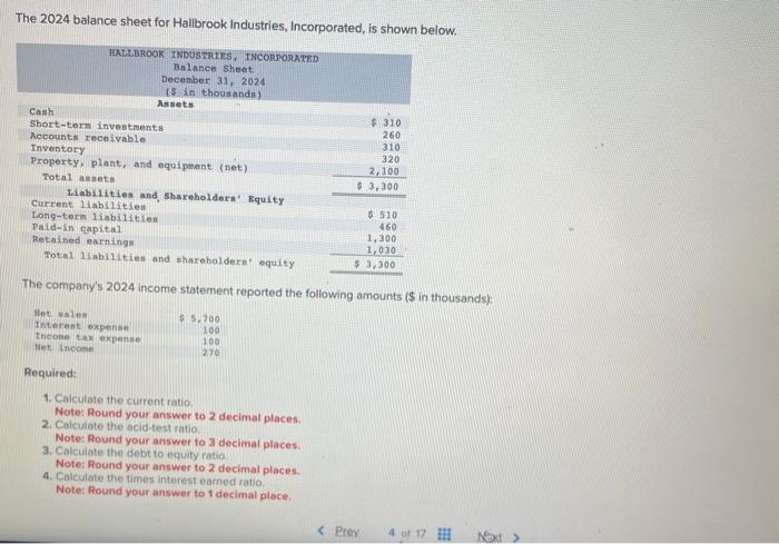 The Balance Sheet For Hallbrook Industries Chegg