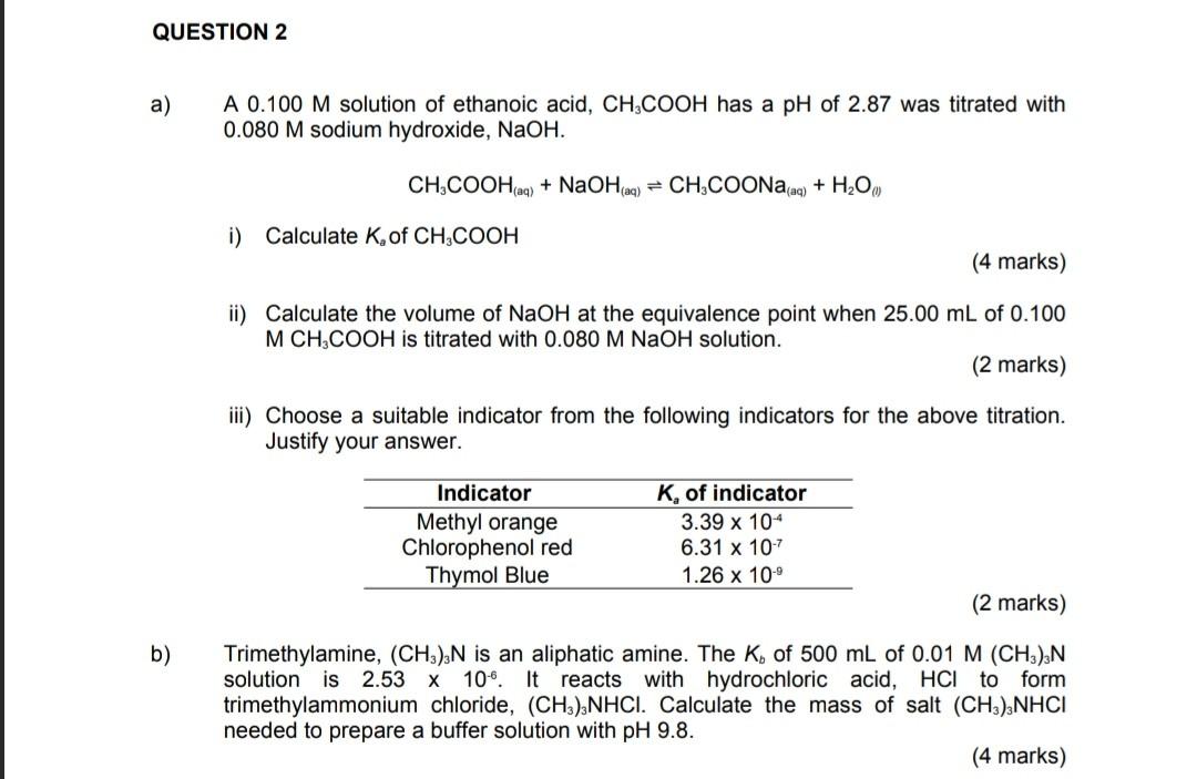 Solved QUESTION 2 A A 0 100 M Solution Of Ethanoic Acid Chegg