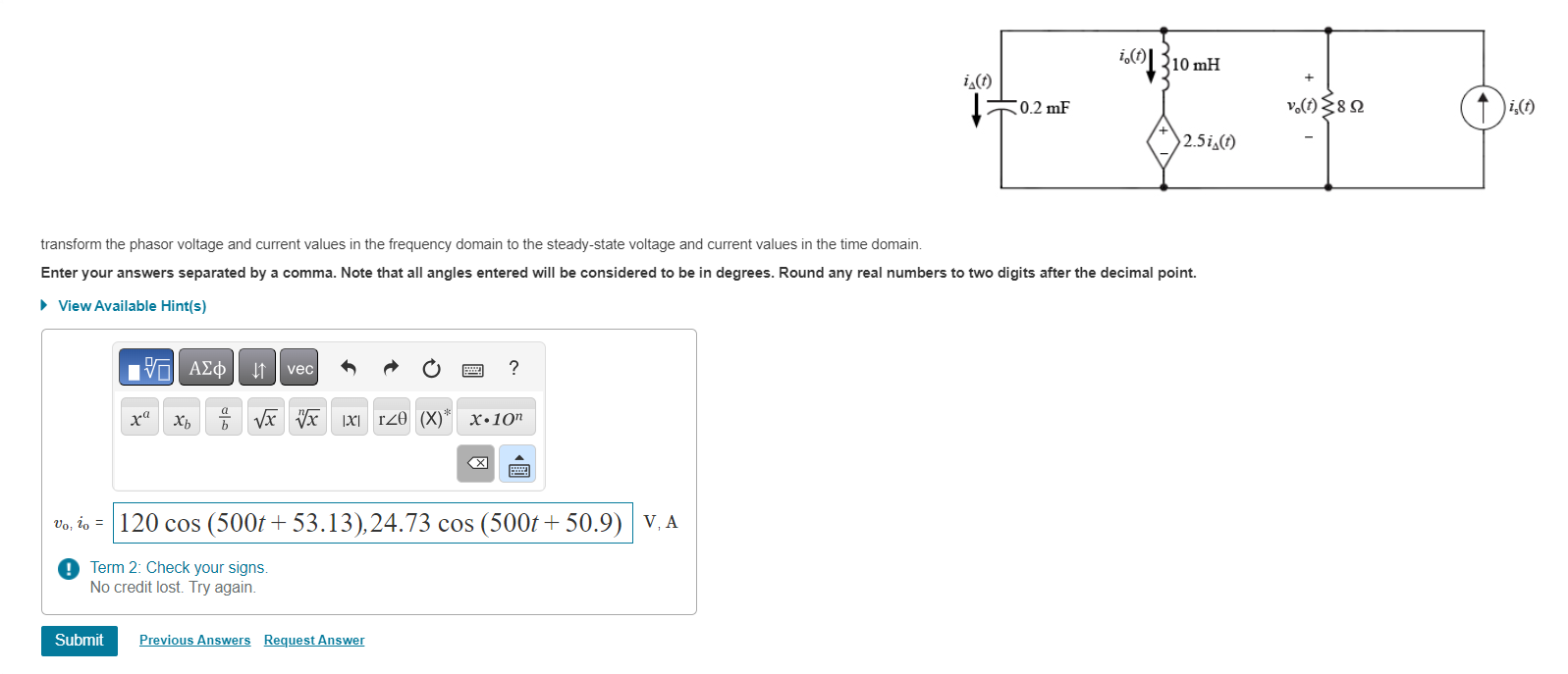 Transform The Phasor Voltage And Current Values In Chegg