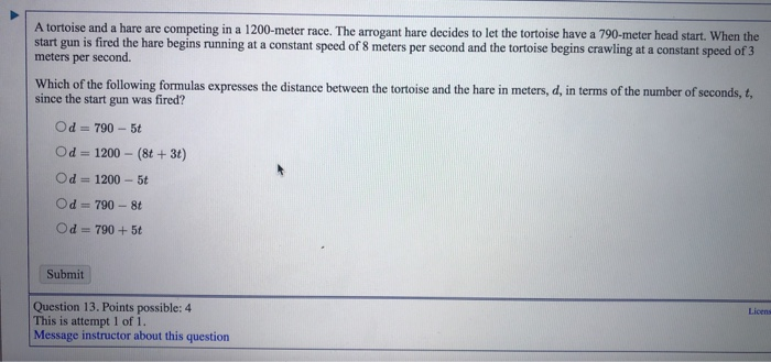 Solved A Tortoise And A Hare Are Competing In A 1200 Meter Chegg