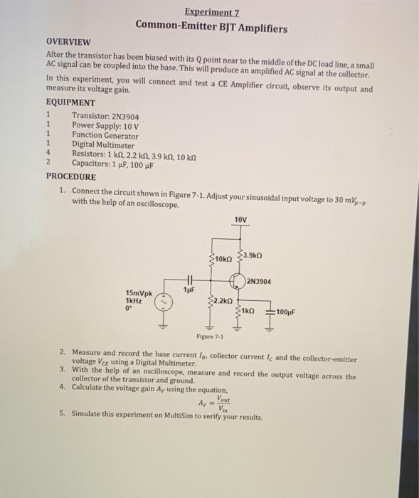 Solved Experiment Common Emitter Bjt Amplifiers Overview Chegg