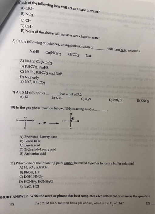 Solved Which Of The Following Ions Will Act As A Base In Chegg