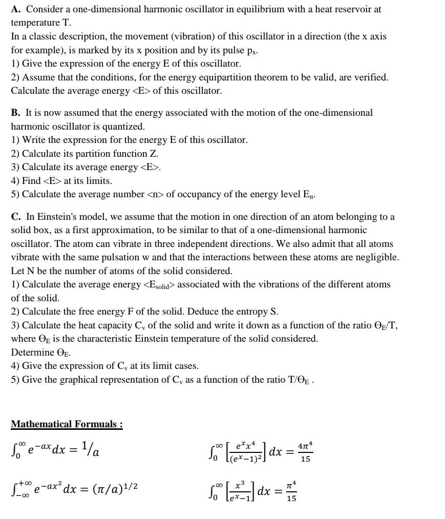 Solved A Consider A One Dimensional Harmonic Oscillator In Chegg