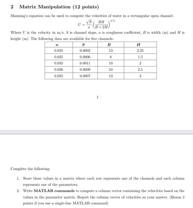 Solved Matrix Creation Points Use Colon Notation To Chegg