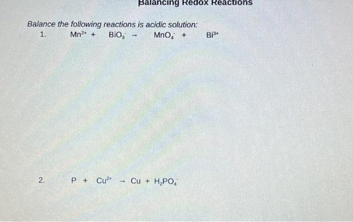 Solved Balance The Following Reactions Is Acidic Solution Chegg