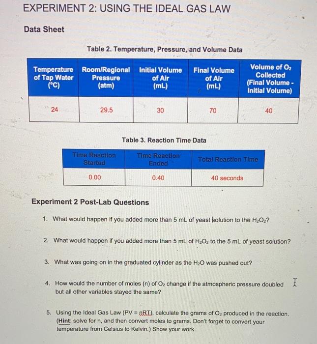 Solved Experiment Using The Ideal Gas Law Data Sheet Chegg