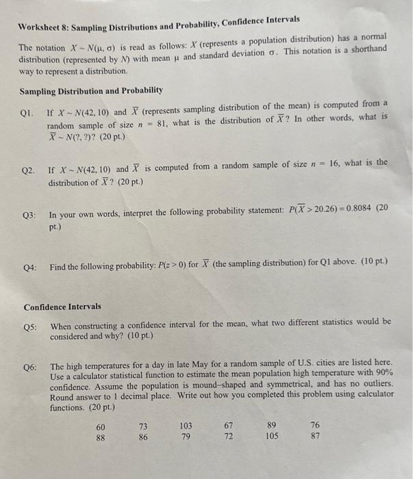 Worksheet Sampling Distributions And Probability Chegg