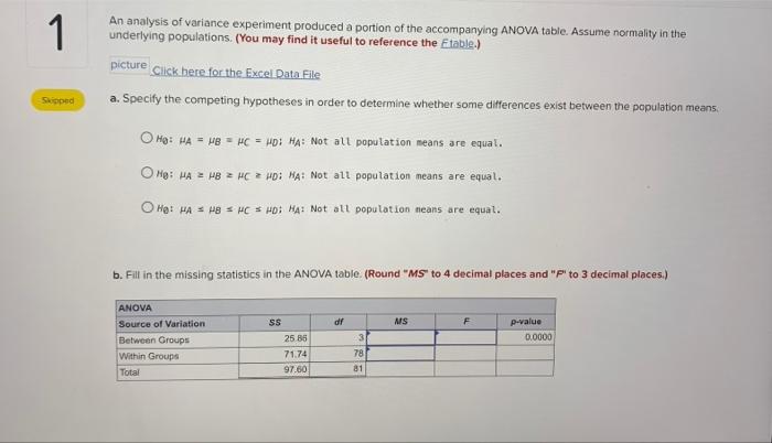 Solved An Analysis Of Variance Experiment Produced A Portion Chegg