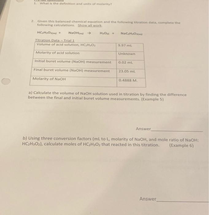 Solved 1 What Is The Definition And Units Of Molanty 2 Chegg