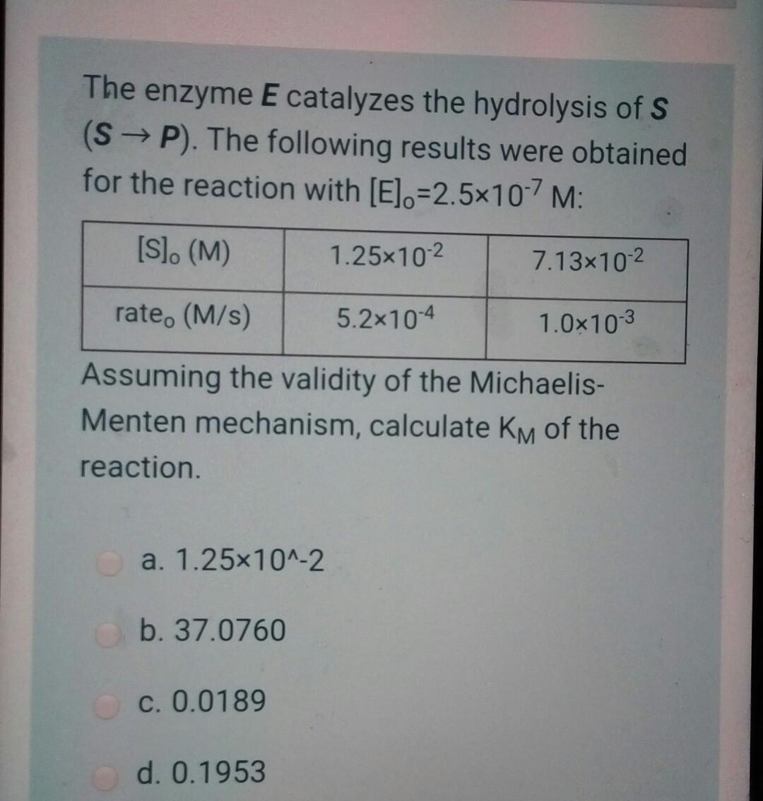 Solved The Enzyme E Catalyzes The Hydrolysis Of S Sp The Chegg