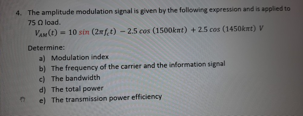 Solved The Amplitude Modulation Signal Is Given By The Chegg