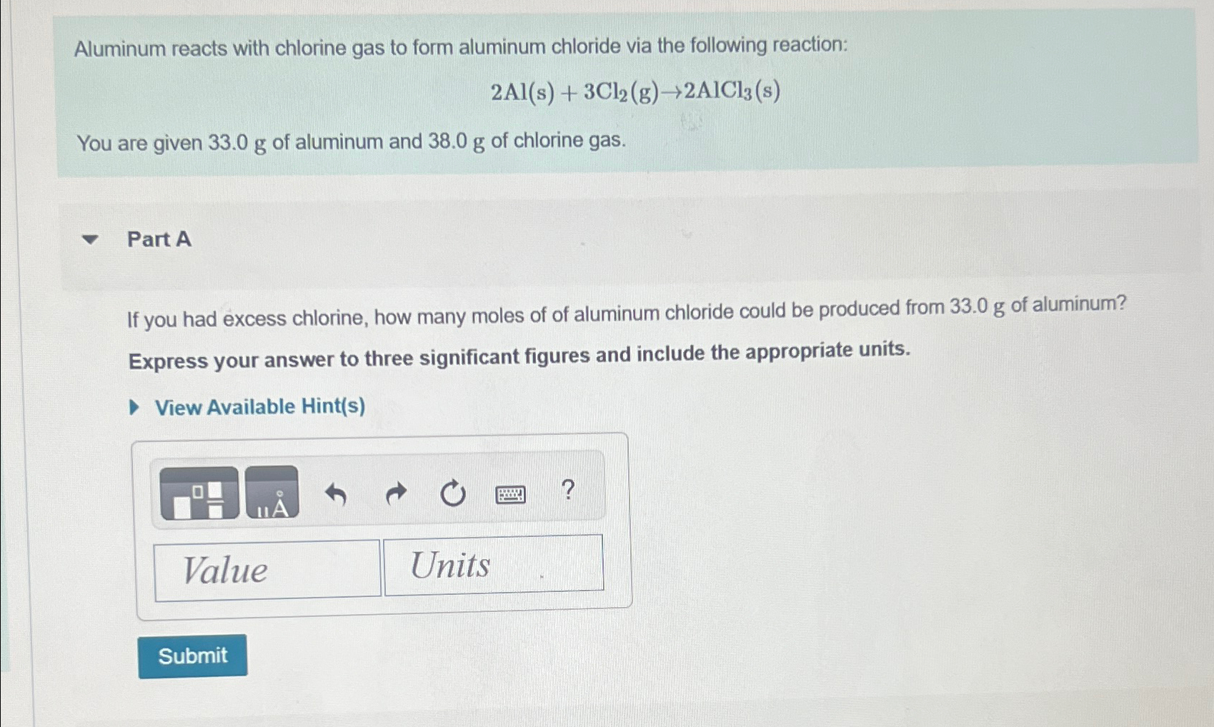 Solved Aluminum Reacts With Chlorine Gas To Form Aluminum Chegg