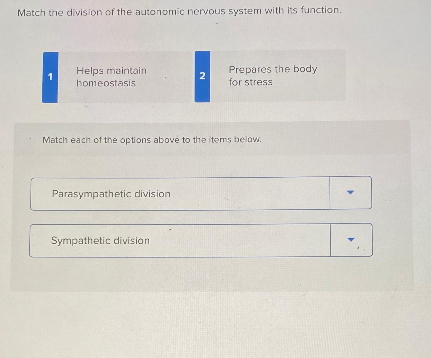 Solved Match The Division Of The Autonomic Nervous System Chegg