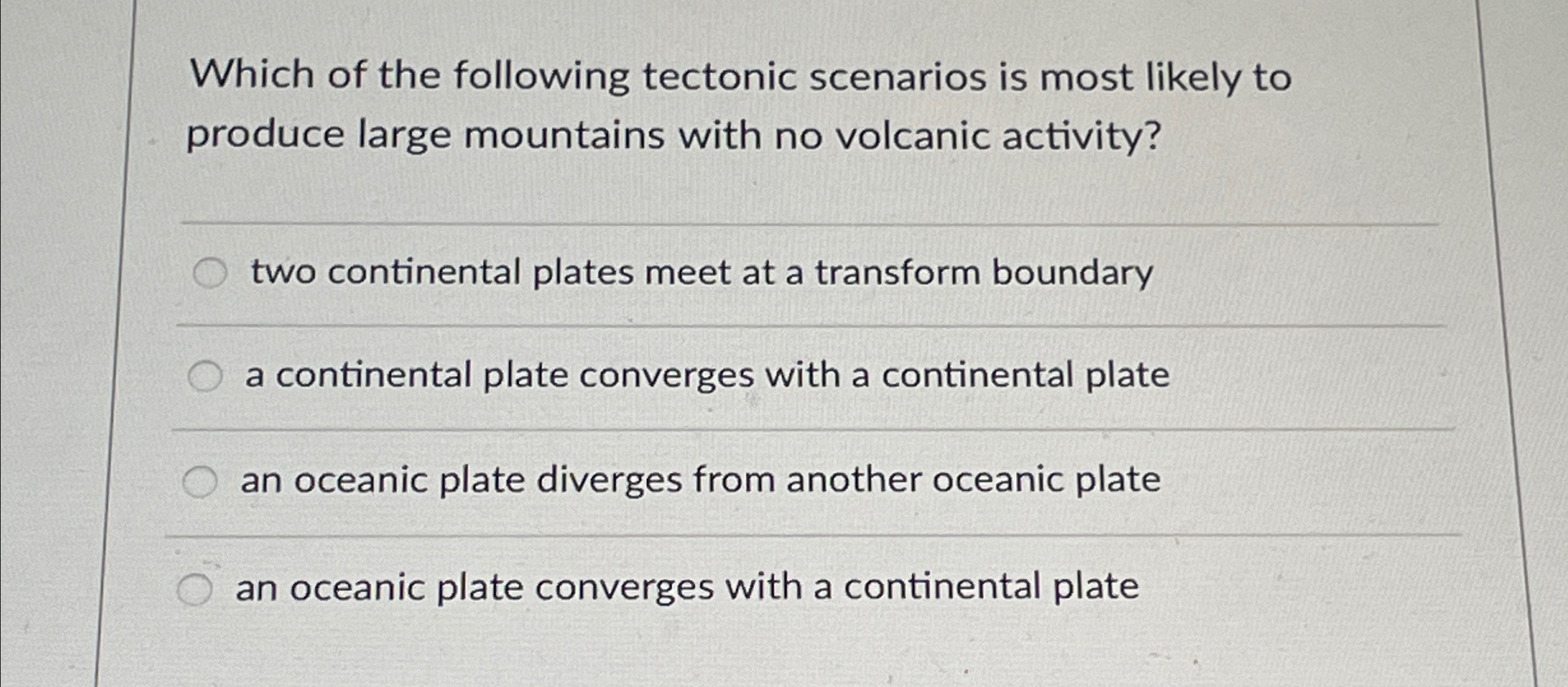 Solved Which Of The Following Tectonic Scenarios Is Most Chegg