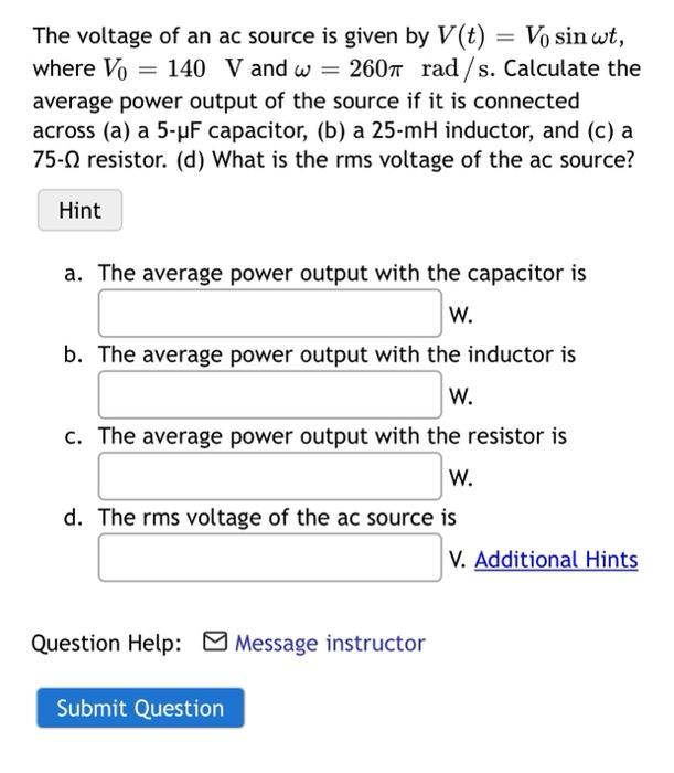 Solved The Voltage Of An Ac Source Is Given By V T Vo Sin Chegg