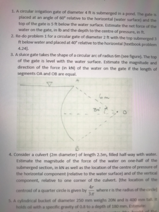 Solved A Sluice Gate Takes The Shape Of A Circular Arc Of Chegg