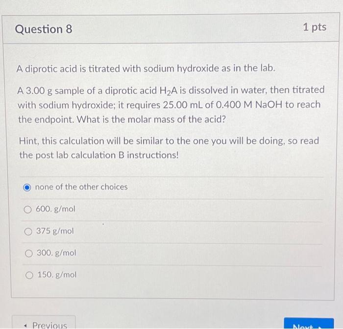 Solved A Diprotic Acid Is Titrated With Sodium Hydroxide As Chegg