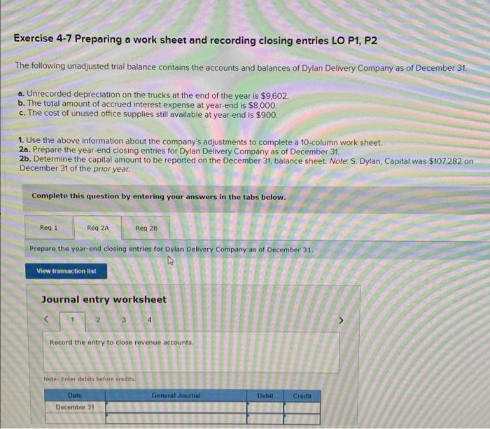 Exercise 4 7 Preparing A Work Sheet And Recording Chegg