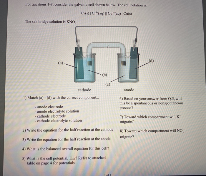 Solved For Questions 1 8 Consider The Galvanic Cell Shown Chegg