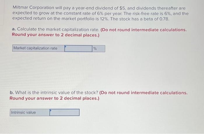 Solved Miltmar Corporation Will Pay A Year End Dividend Of Chegg