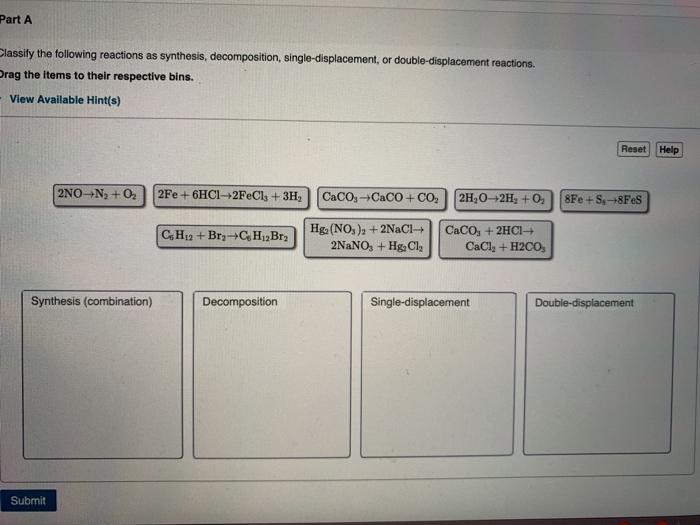 Solved Part A Classify The Following Reactions As Synthesis Chegg