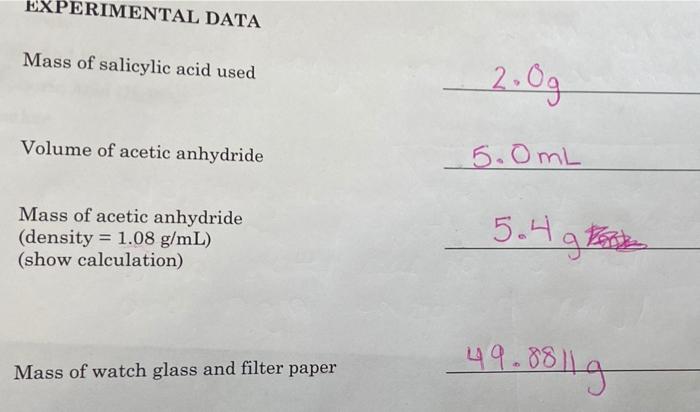 Solved Experimental Data Mass Of Salicylic Acid Used Og Chegg