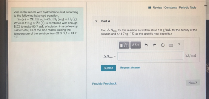 Solved Review Constants Periodic Table Part A Zinc Metal Chegg