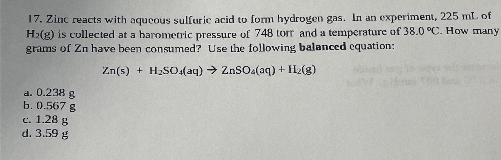 Solved Zinc Reacts With Aqueous Sulfuric Acid To Form Chegg