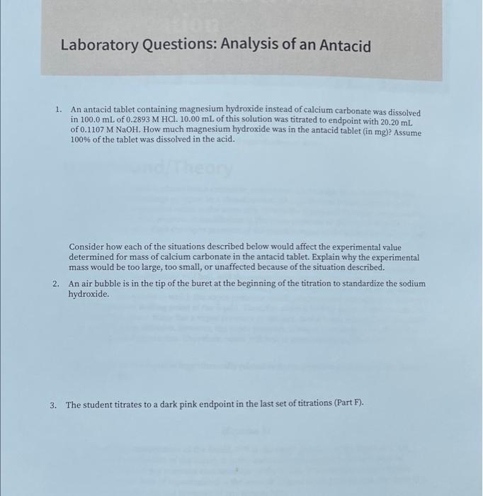 Solved Laboratory Questions Analysis Of An Antacid An Chegg