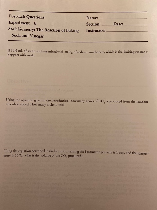 Solved Post Lab Questions Experiment 6 Stoichiometry The Chegg