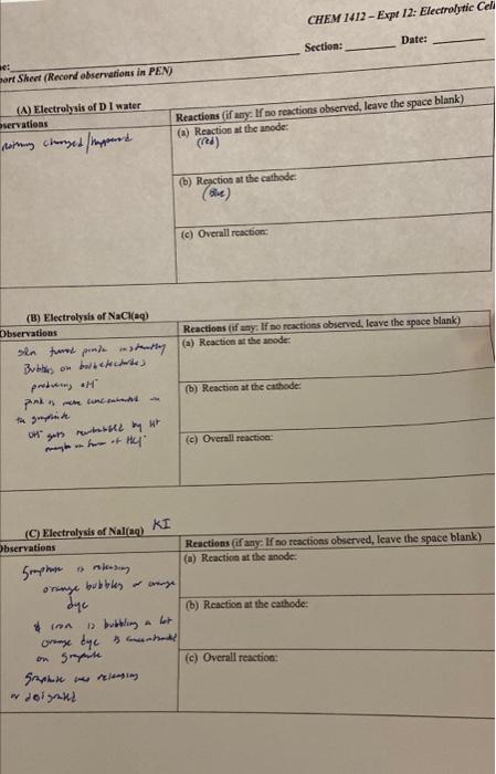 Solved Chem Expt Electrolytic Cell Section Date Chegg