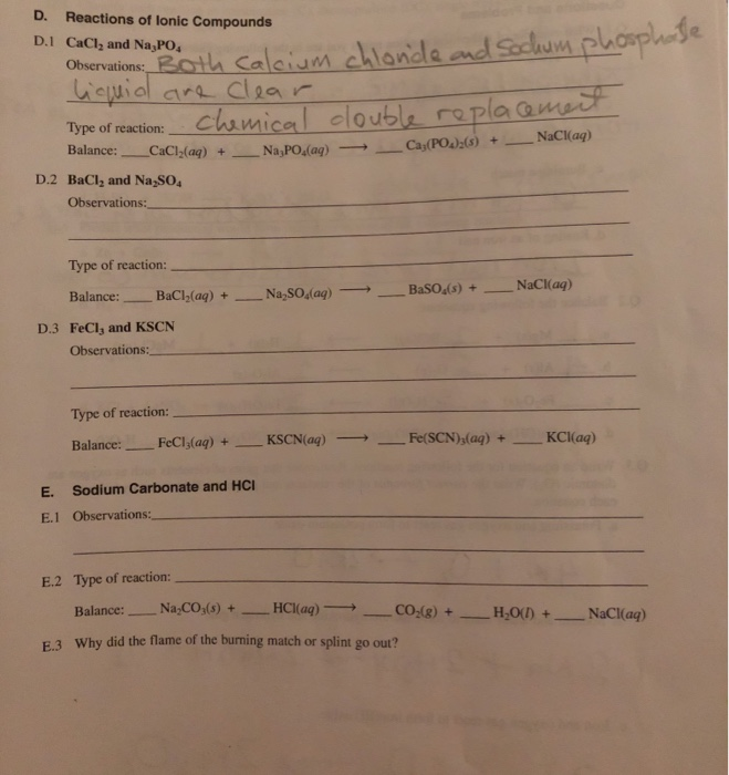 Solved D Reactions Of Lonic Compounds D 1 CaCl And Na PO Chegg