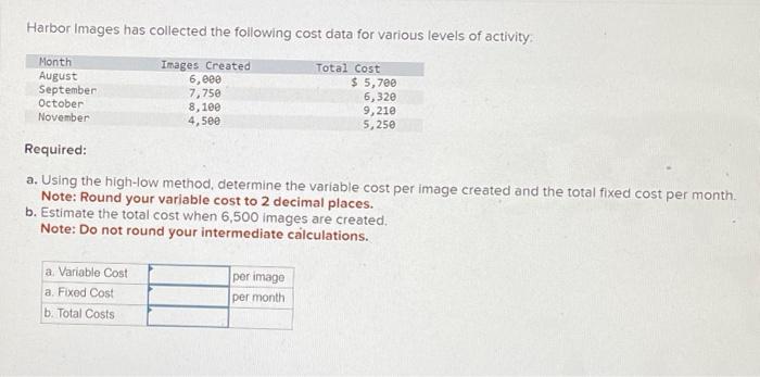 Solved Harbor Images Has Collected The Following Cost Data Chegg