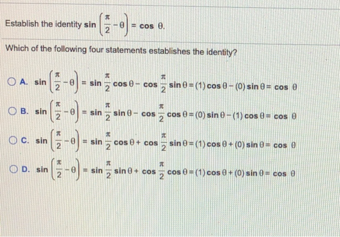 Solved Establish The Identity Sin 6 0 Cos 0 Which Of The Chegg