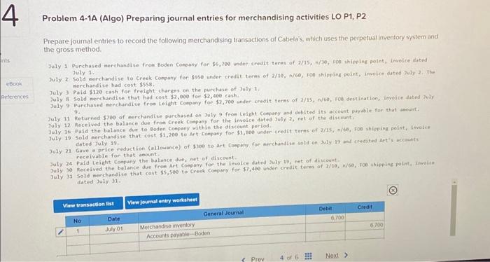 Solved Problem 4 1A Algo Preparing Journal Entries For Chegg