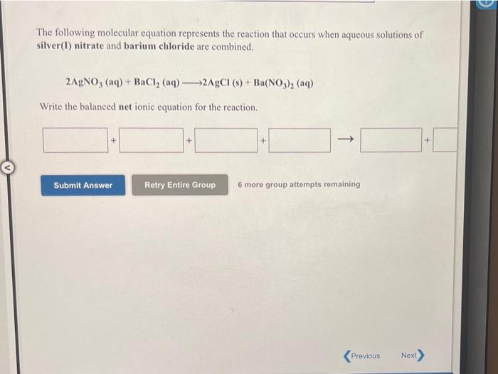 Solved The Following Molecular Equation Represents The Chegg