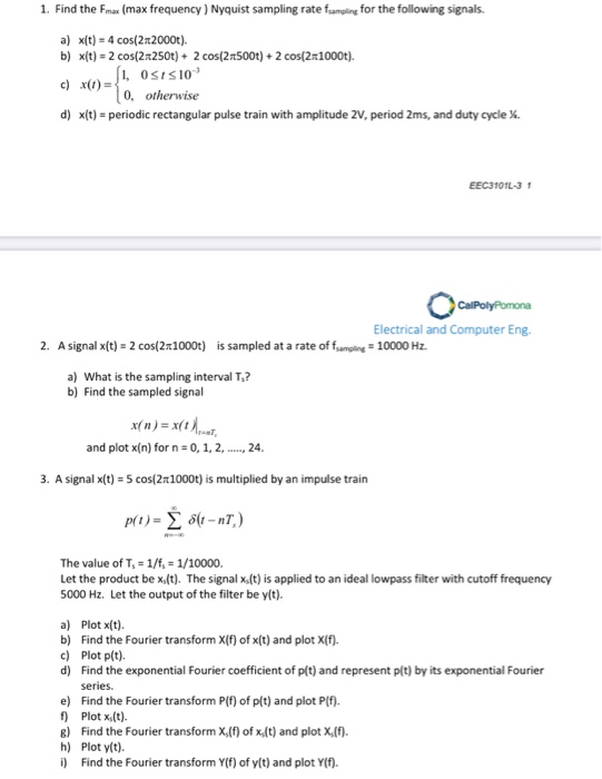 Solved 1 Find The Fmax Max Frequency Nyquist Sampling Chegg