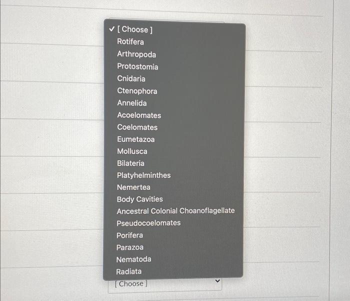 Solved Choose Rotifera Arthropoda Protostomia Cnidaria Chegg