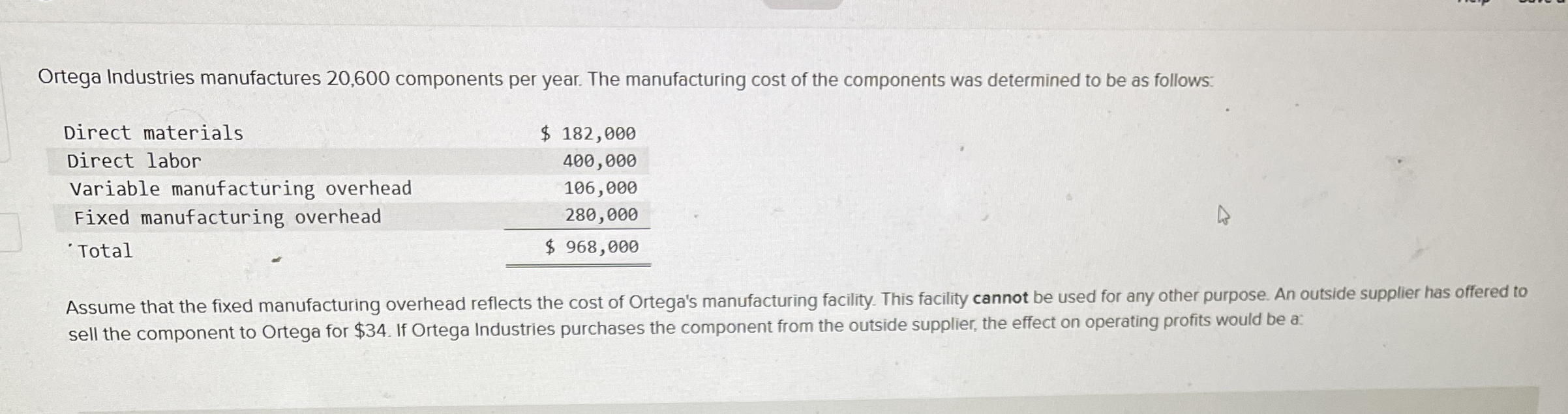 Solved Ortega Industries Manufactures Components Per Chegg