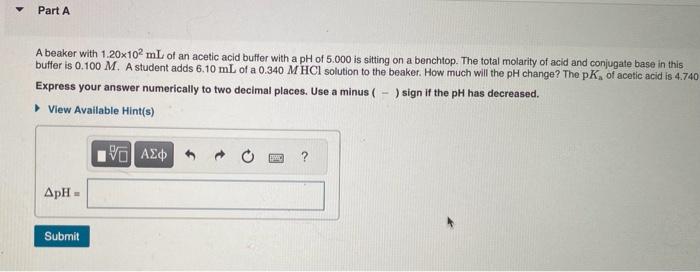 Solved A Beaker With Ml Of An Acetic Acid Buffer Chegg