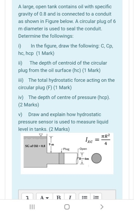 Solved A Large Open Tank Contains Oil With Specific Gravity Chegg